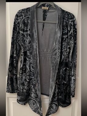 One World Velvet Cardigan, Gray and Black, SZ M